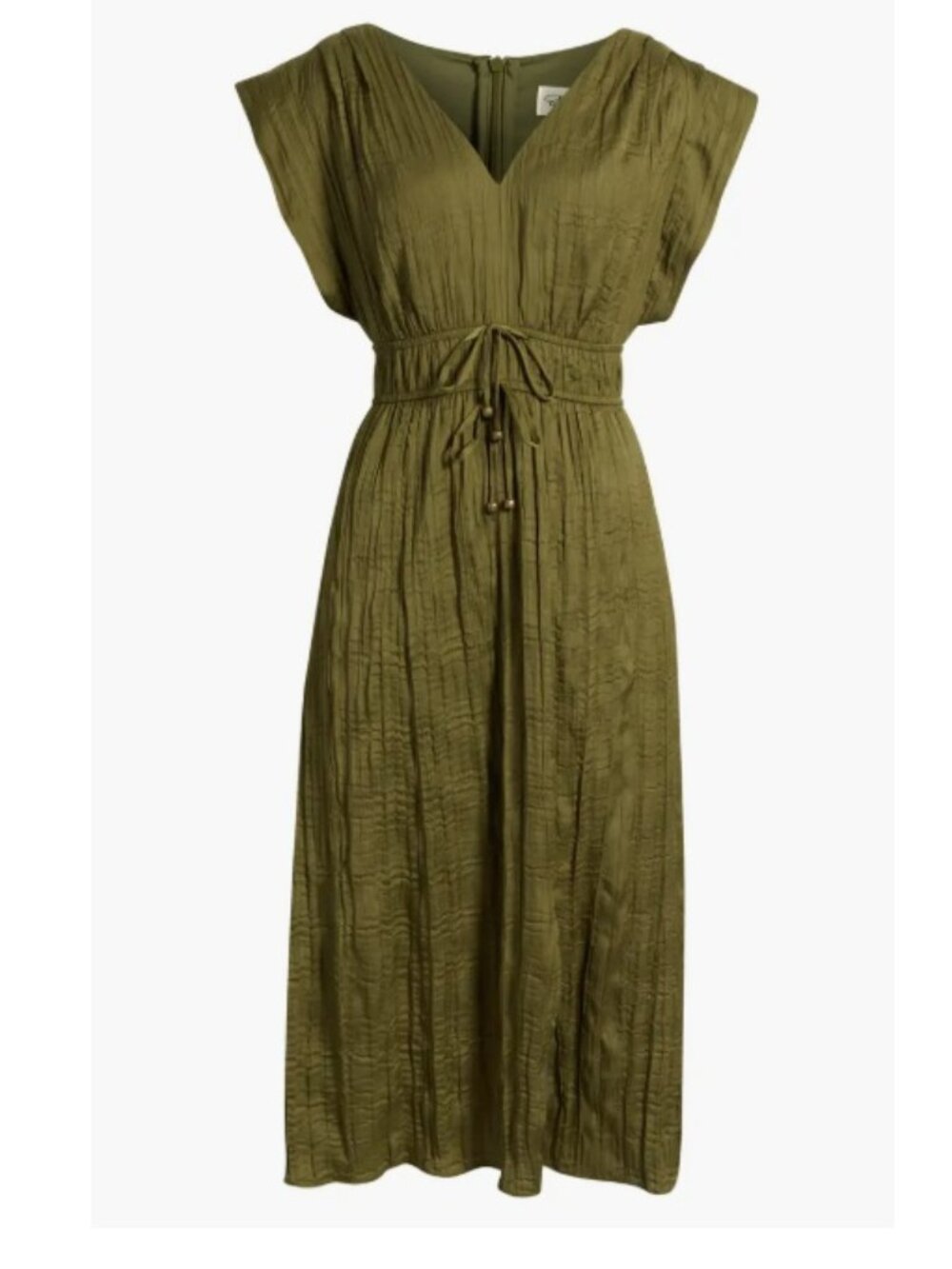 Eliza J Olive Green Midi Dress with V-Neck and Tie Waist